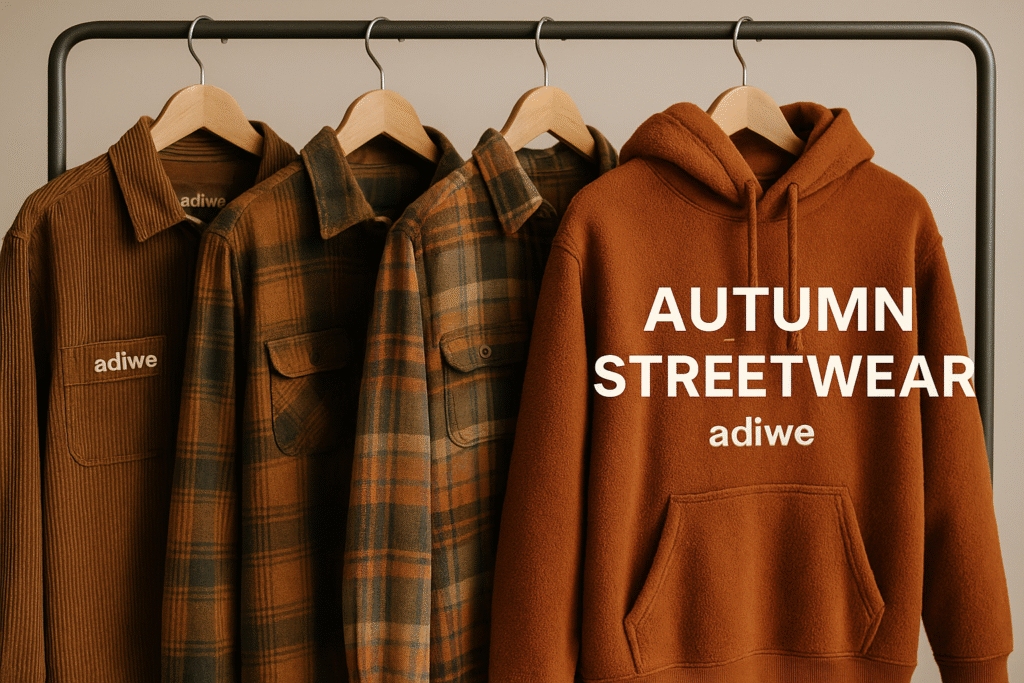 alt text: Model in autumn streetwear with layers, corduroy, and earthy tones