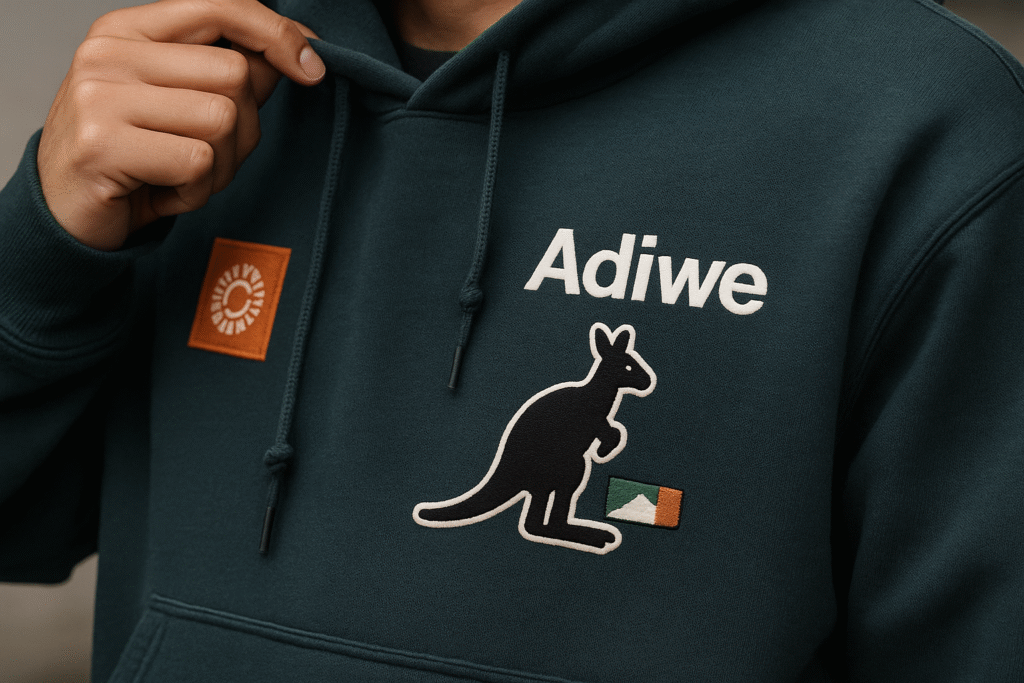 alt text: Hoodie showcasing intricate embroidery and screen-printed graphics