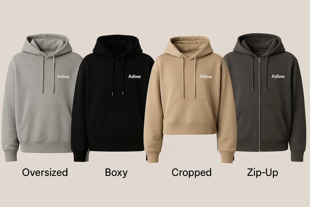 alt text: Models wearing trendy oversized and boxy fit streetwear hoodies