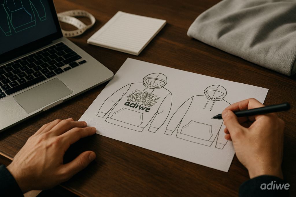 alt text: Complex streetwear design sketch next to a simplified, manufacturable version