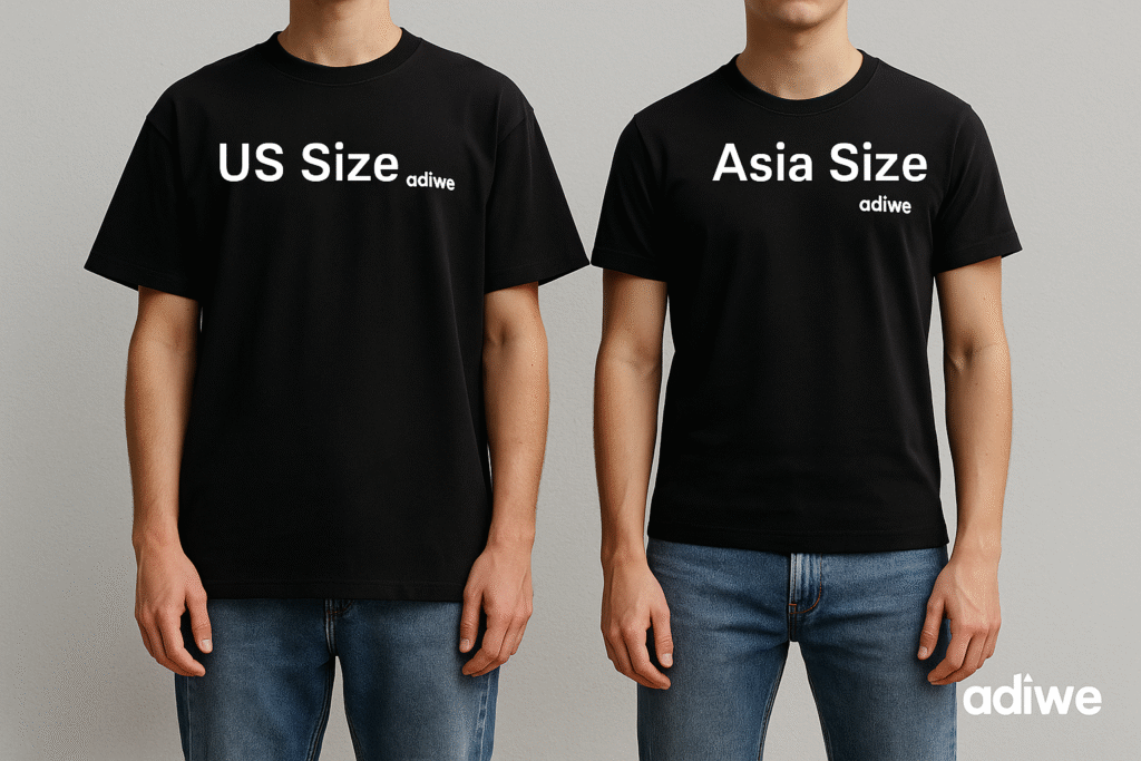 alt text: Two t-shirts, one labeled US 'M' and one Asian 'M', showing a clear size difference