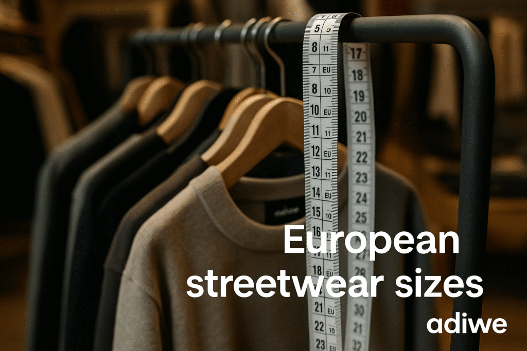 alt text: Size conversion chart snippet showing US, UK, and EU sizes for a hoodie