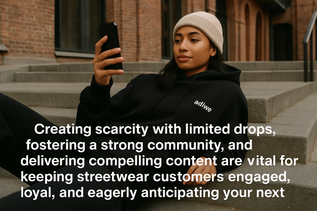 alt text: image depicting a 'Sold Out' sign for a limited drop, a group of people in a community, and a mobile phone showing brand content