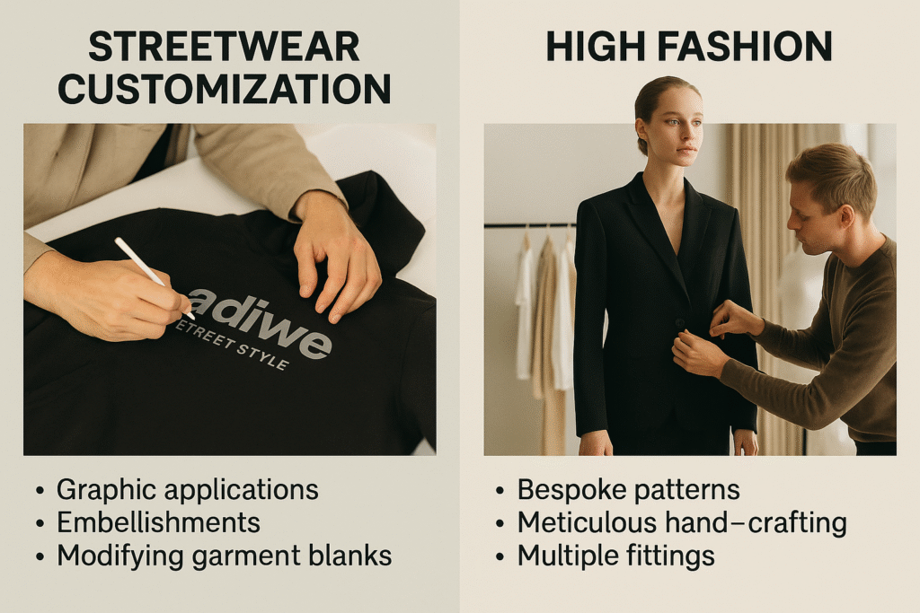 alt text: side-by-side of a screen printing setup for streetwear and a fashion designer draping fabric on a mannequin