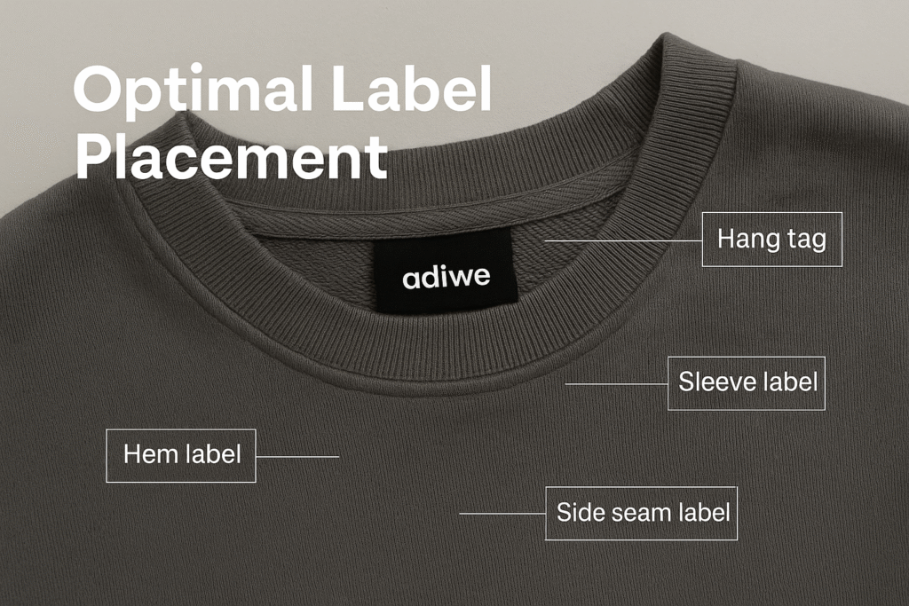 alt text: examples of label and tag placements on streetwear hoodies and t-shirts