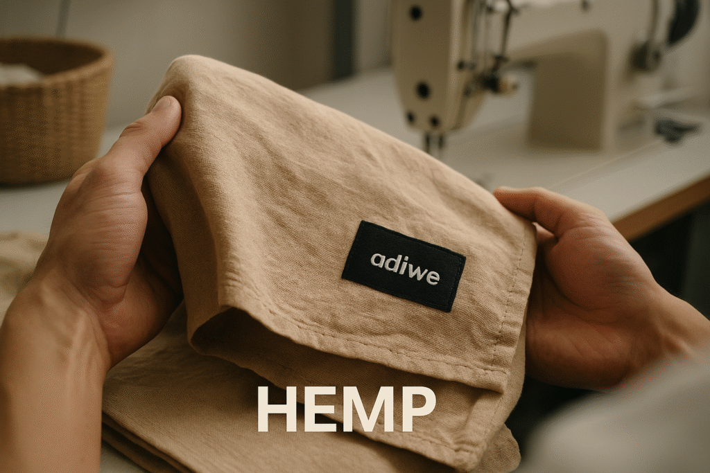 alt text: Textured hemp fabric swatch in a natural color