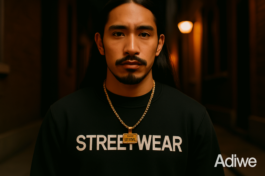 alt text: Custom streetwear chains and pendants with brand logos