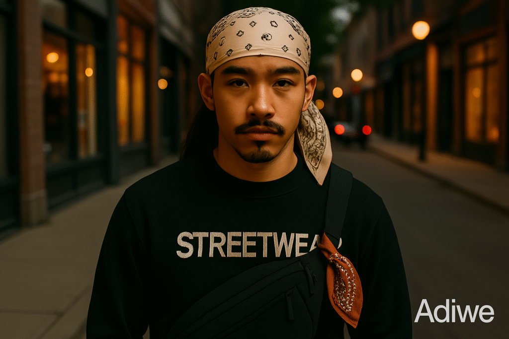 alt text: Streetwear model styling a custom bandana in multiple ways