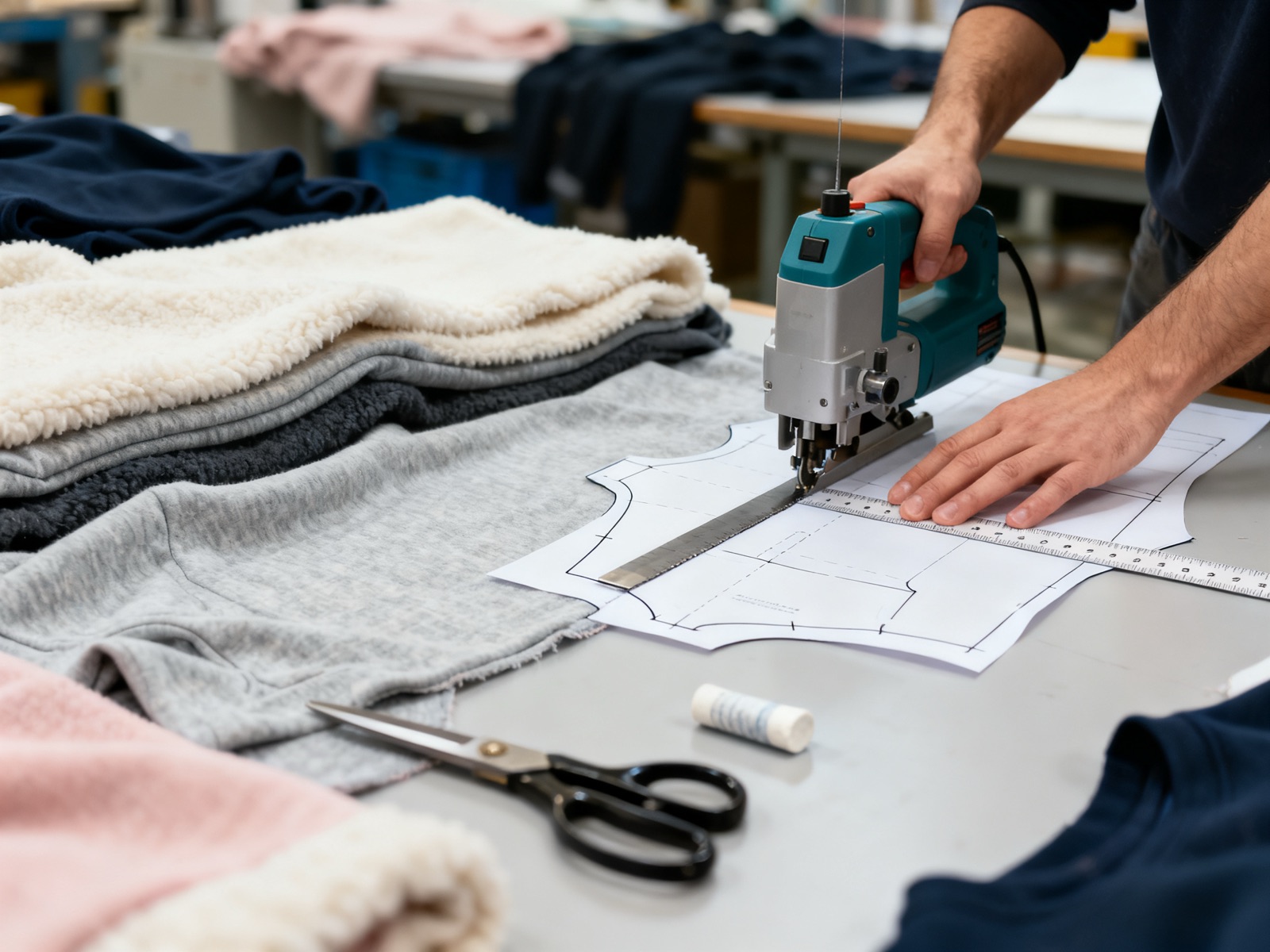 Worker cutting layered fabric with a straight knife at the Adiwe factory