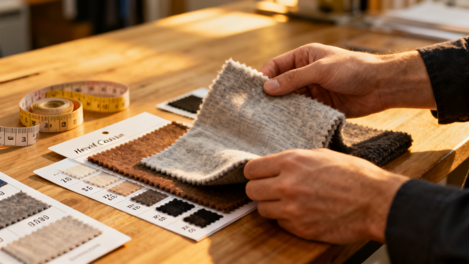 Comparing fabric swatches and sample cards when screening a streetwear supplier