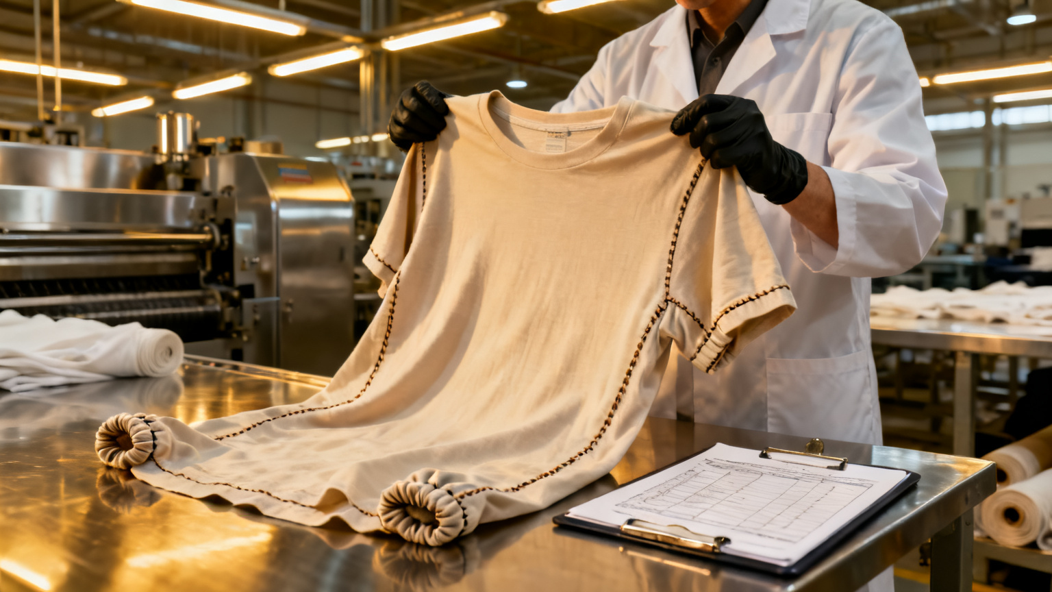 Quality control inspector checking the stitching of an oversized t-shirt