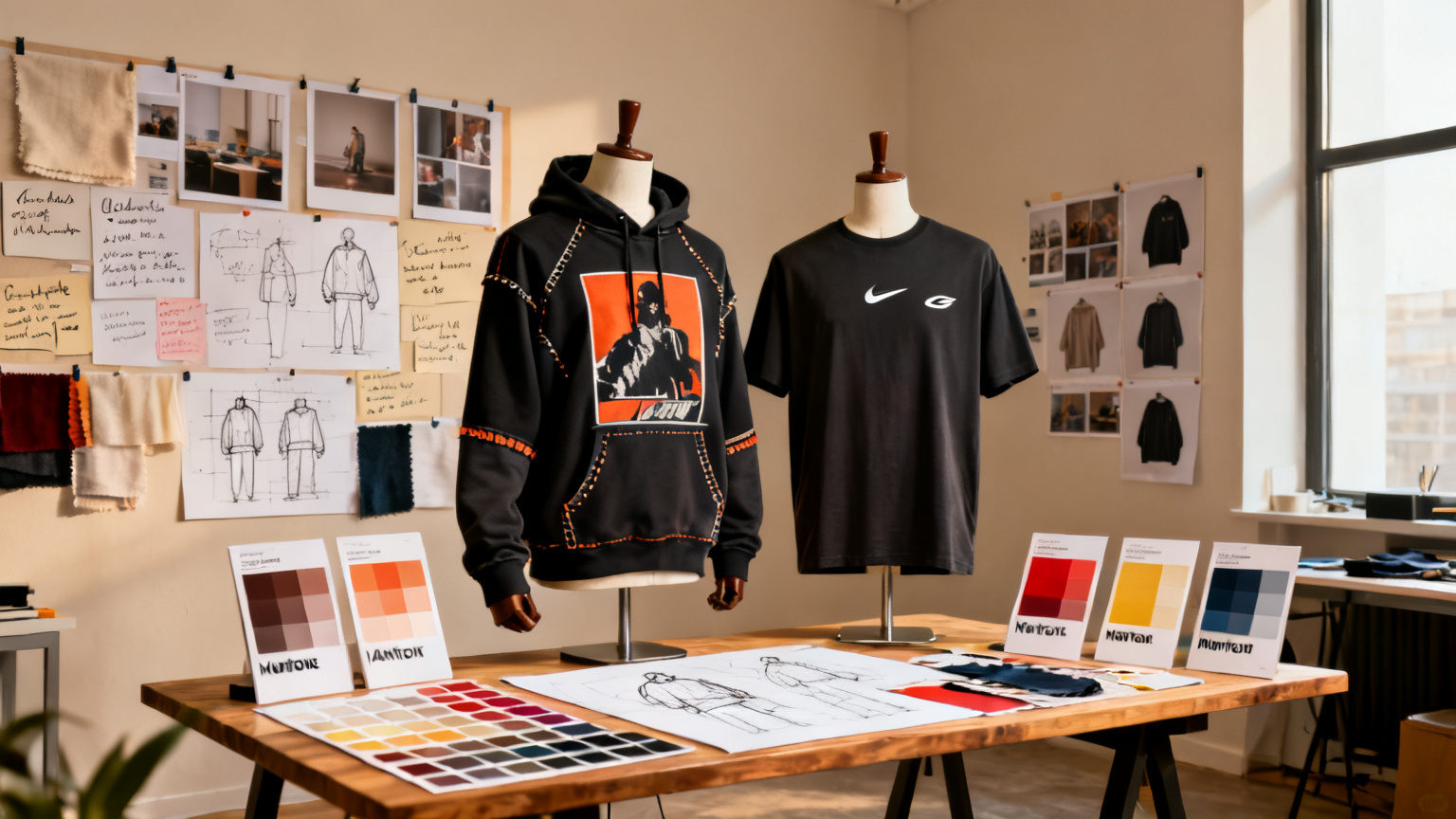 Custom streetwear hoodie and t-shirt samples on mannequins with color cards