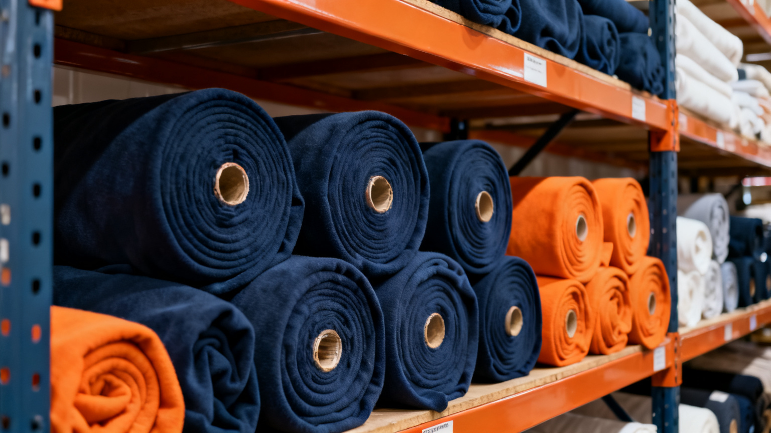 Rolls of premium cotton fleece and jersey fabric in a textile warehouse