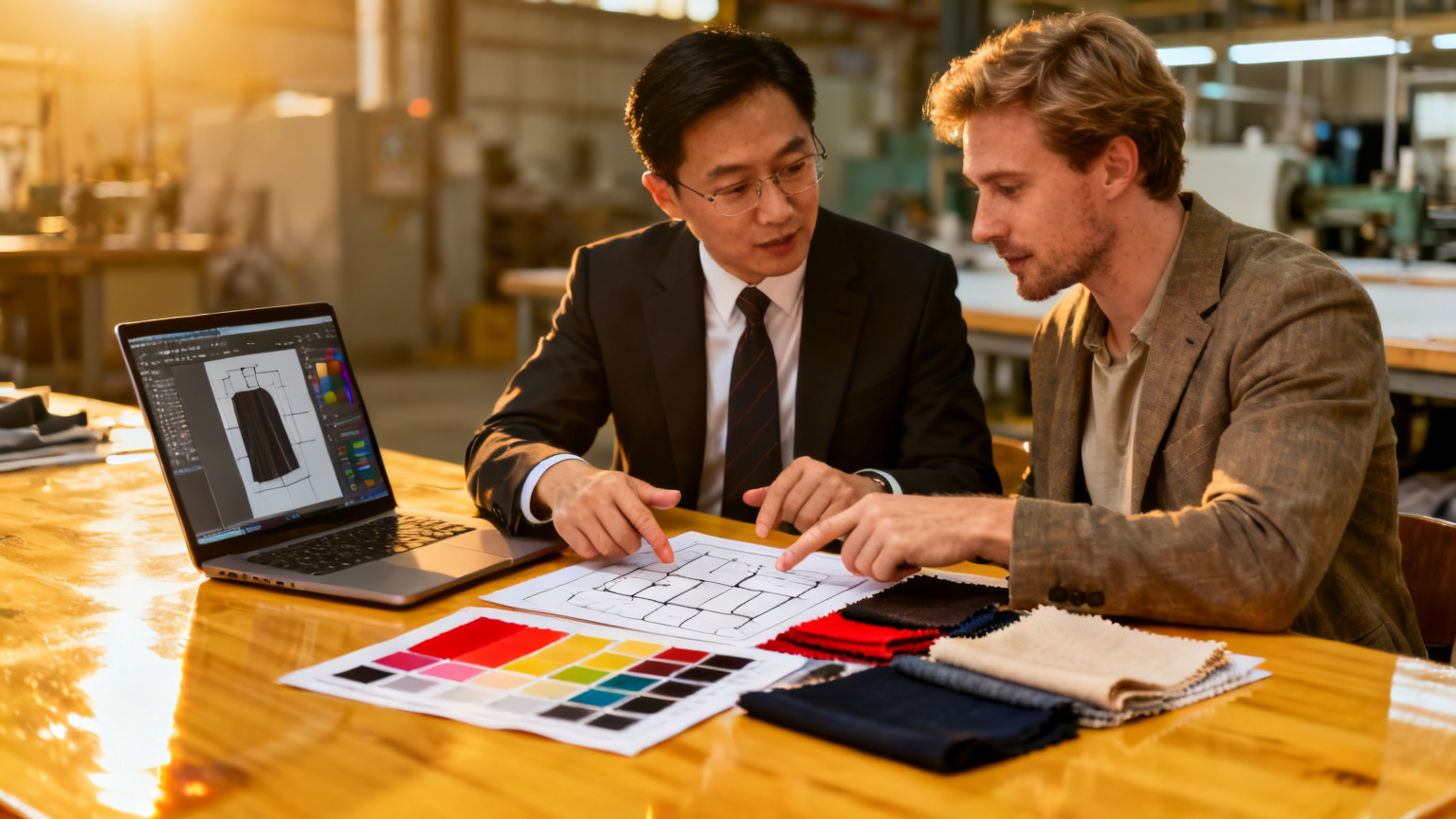Factory account manager and brand buyer reviewing a tech pack together