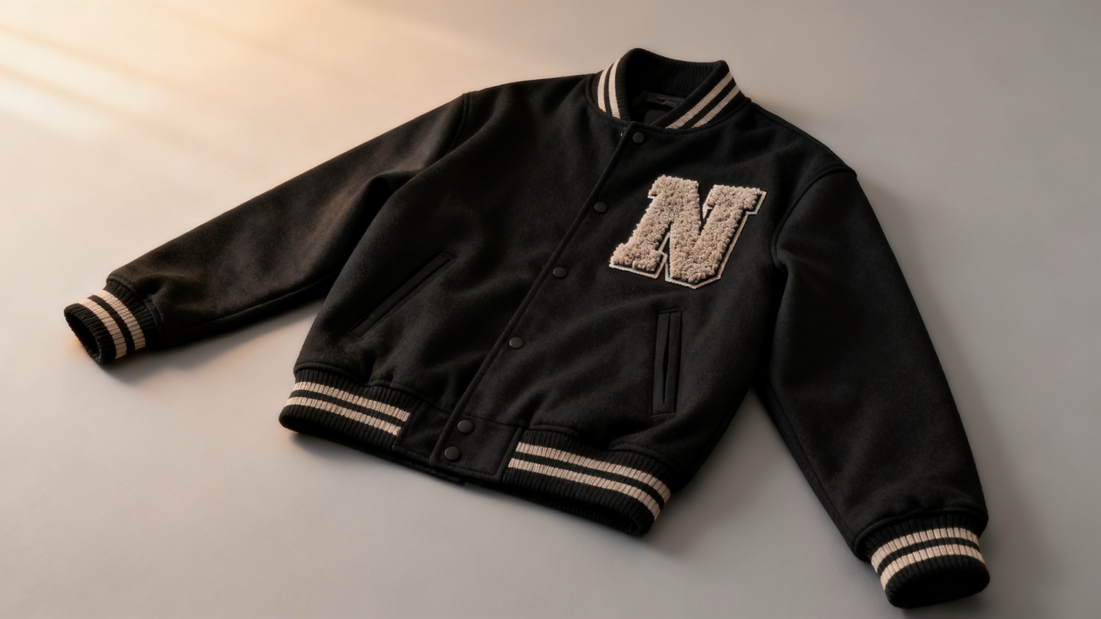 Custom varsity jacket with chenille patch manufactured by Adiwe