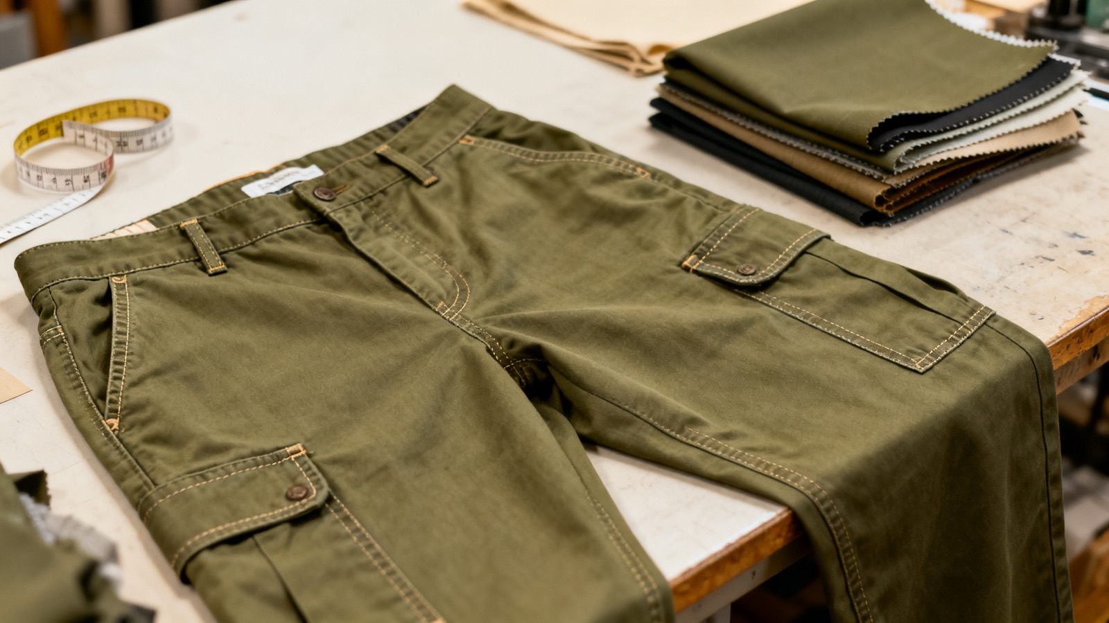 Custom cargo pants and fabric swatches on the Adiwe production table