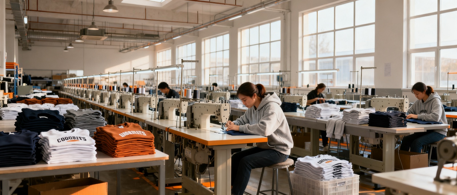 Rows of industrial sewing machines on the Adiwe factory floor