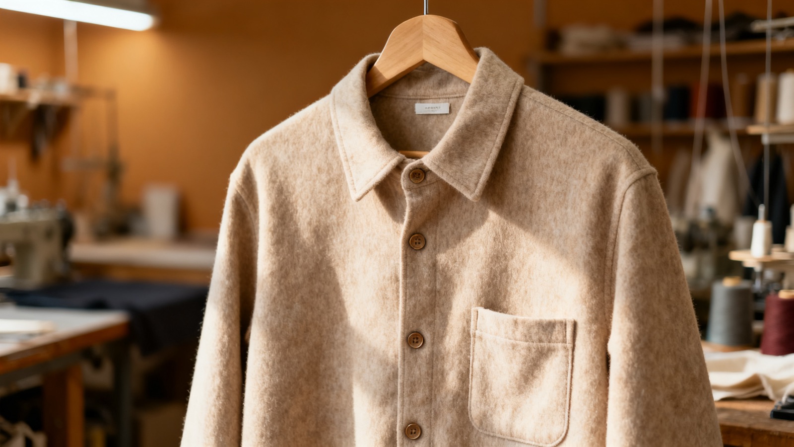 Custom navy overshirt on a hanger at the Adiwe garment workshop