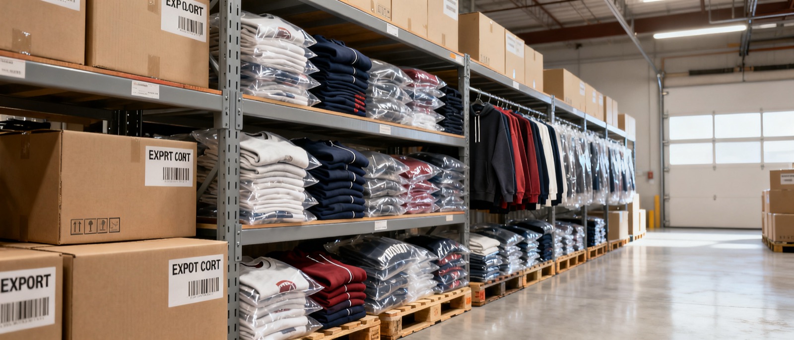 Finished custom garments packed and stored in the Adiwe warehouse before shipping
