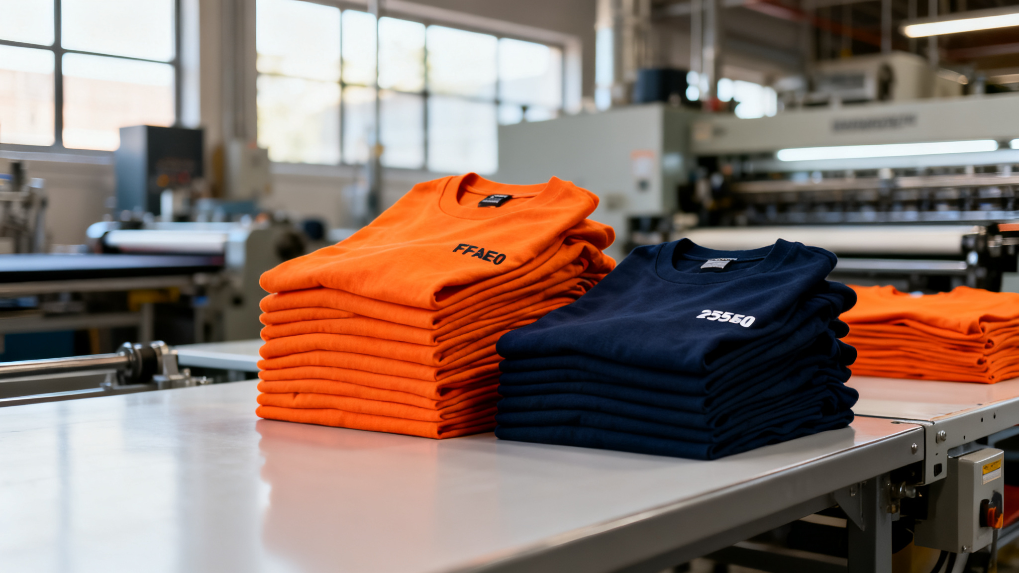 Stacked heavyweight streetwear t-shirts in orange and navy on a factory work table