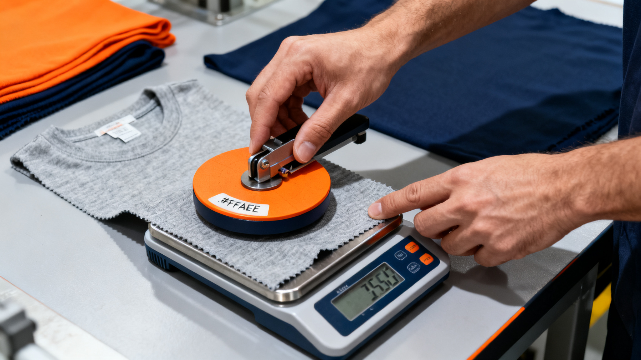 Technician measuring fabric weight on a GSM cutter and scale in a factory