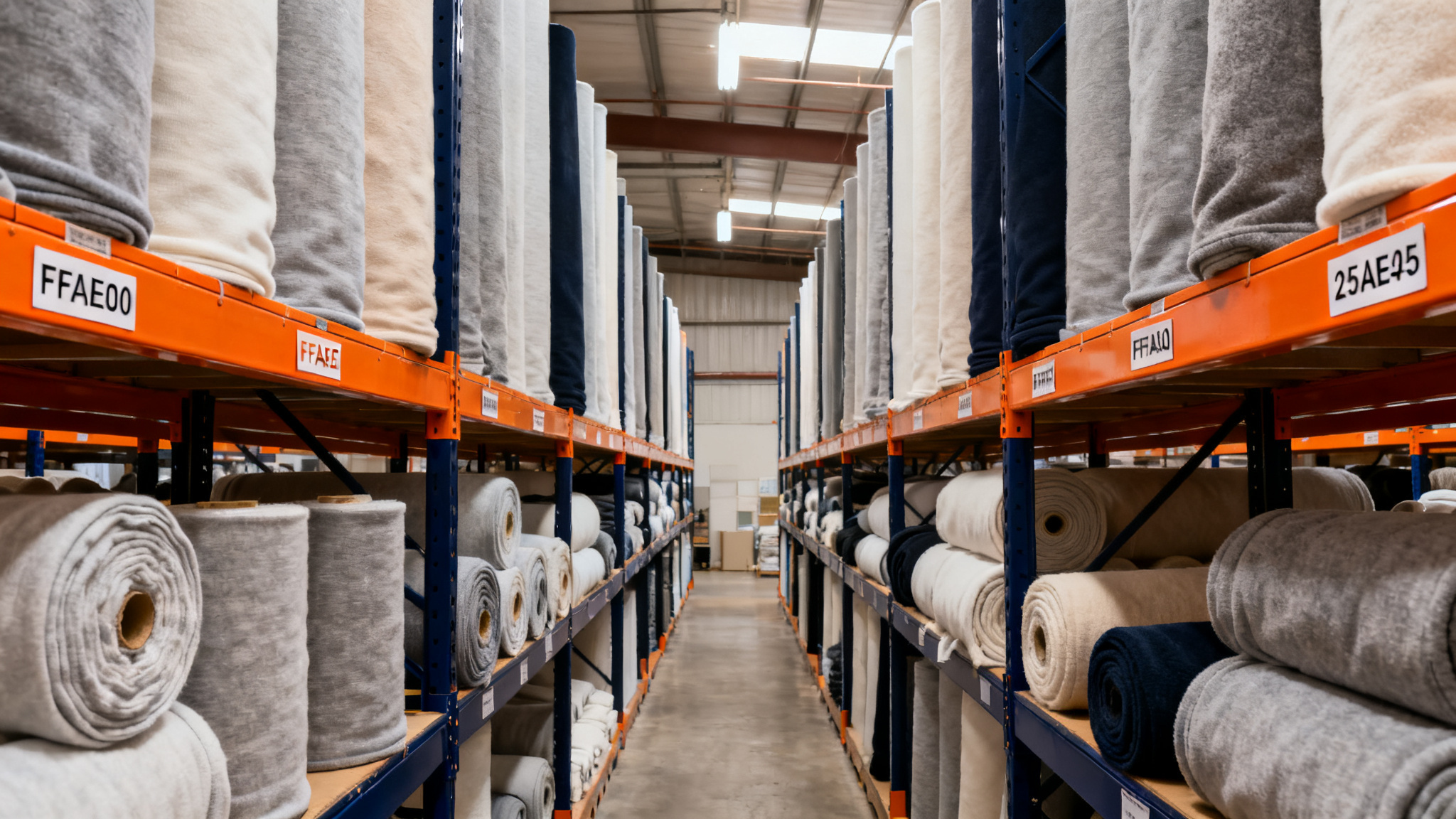 Rolls of cotton jersey fabric for t-shirts in a textile warehouse