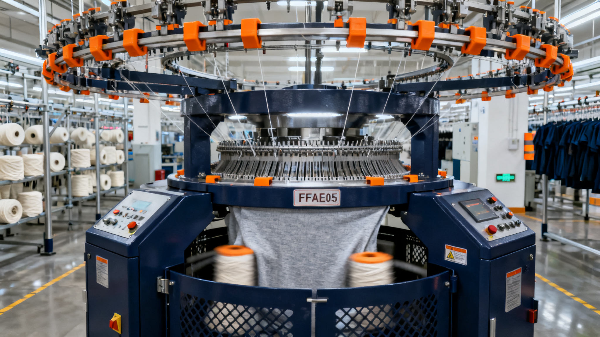 Circular knitting machine producing heavy cotton fabric in a garment factory