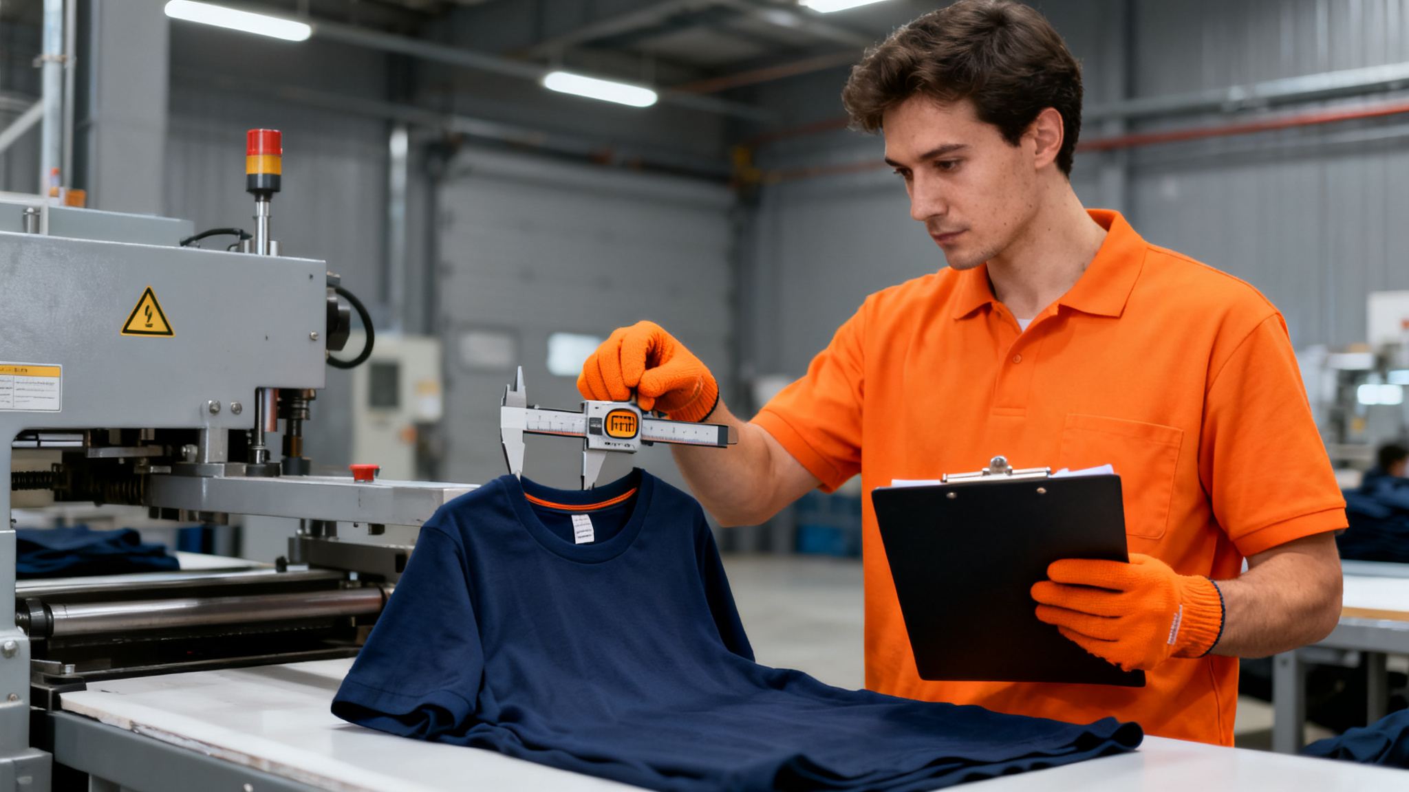 Quality inspector checking the thickness of navy t-shirt fabric with calipers
