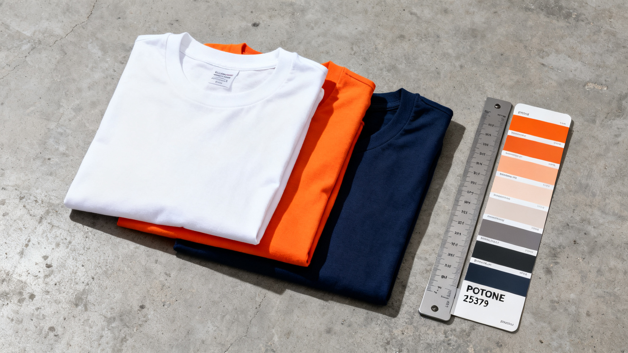 Flat lay of t-shirt samples with fabric scale and color cards on concrete
