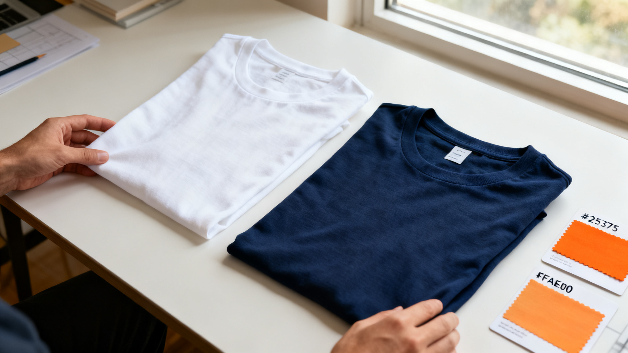 Designer comparing a pure white cotton swatch and a navy cotton blend swatch on a textile sourcing table with orange accent cards