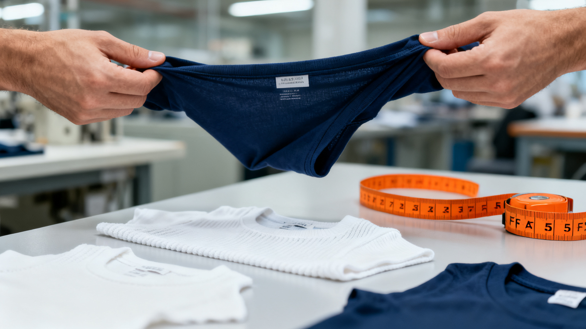 Hands stretching a navy t-shirt fabric sample to show elastane recovery beside an orange measuring tape on a factory table