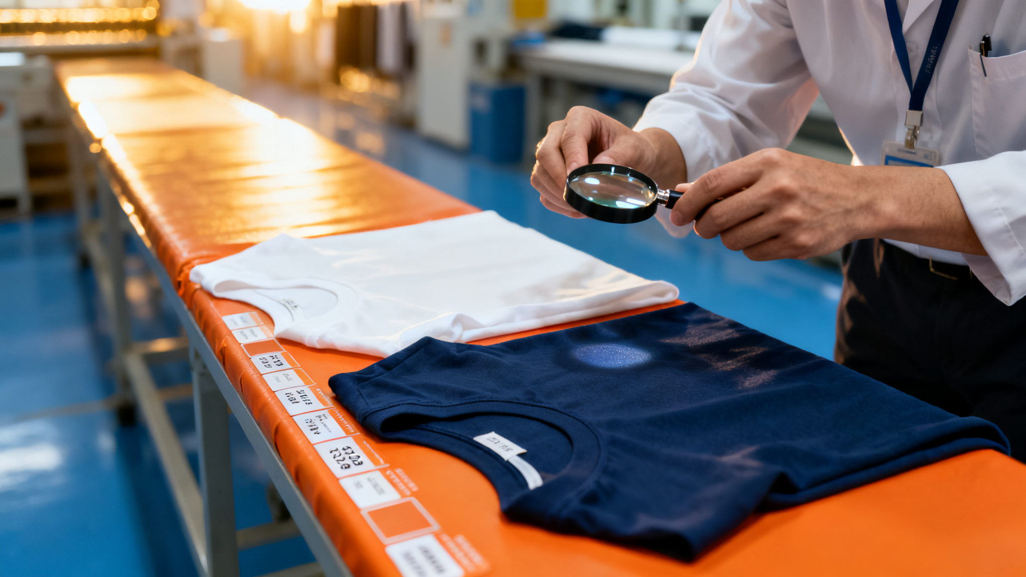 Quality technician inspecting cotton and cotton blend t-shirt fabric under bright light with a loupe and orange swatch cards
