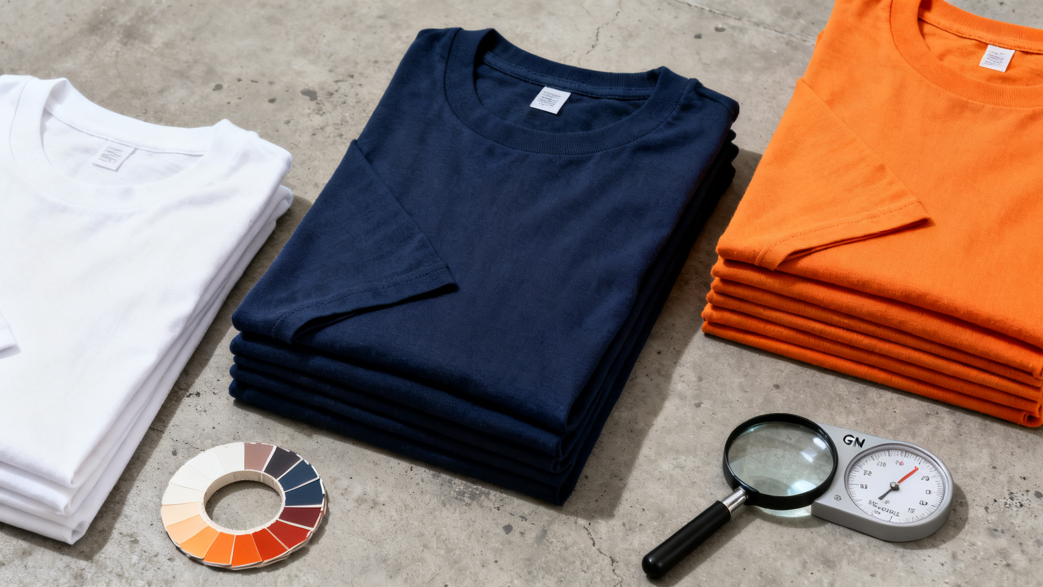 Flat lay of pure cotton and cotton blend t-shirt fabric stacks in white navy and orange with a swatch ring and loupe on concrete