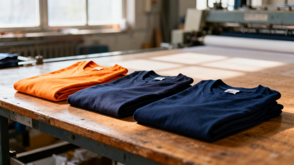 Three folded cotton t-shirts in orange and navy showing different fabric weights on a factory table