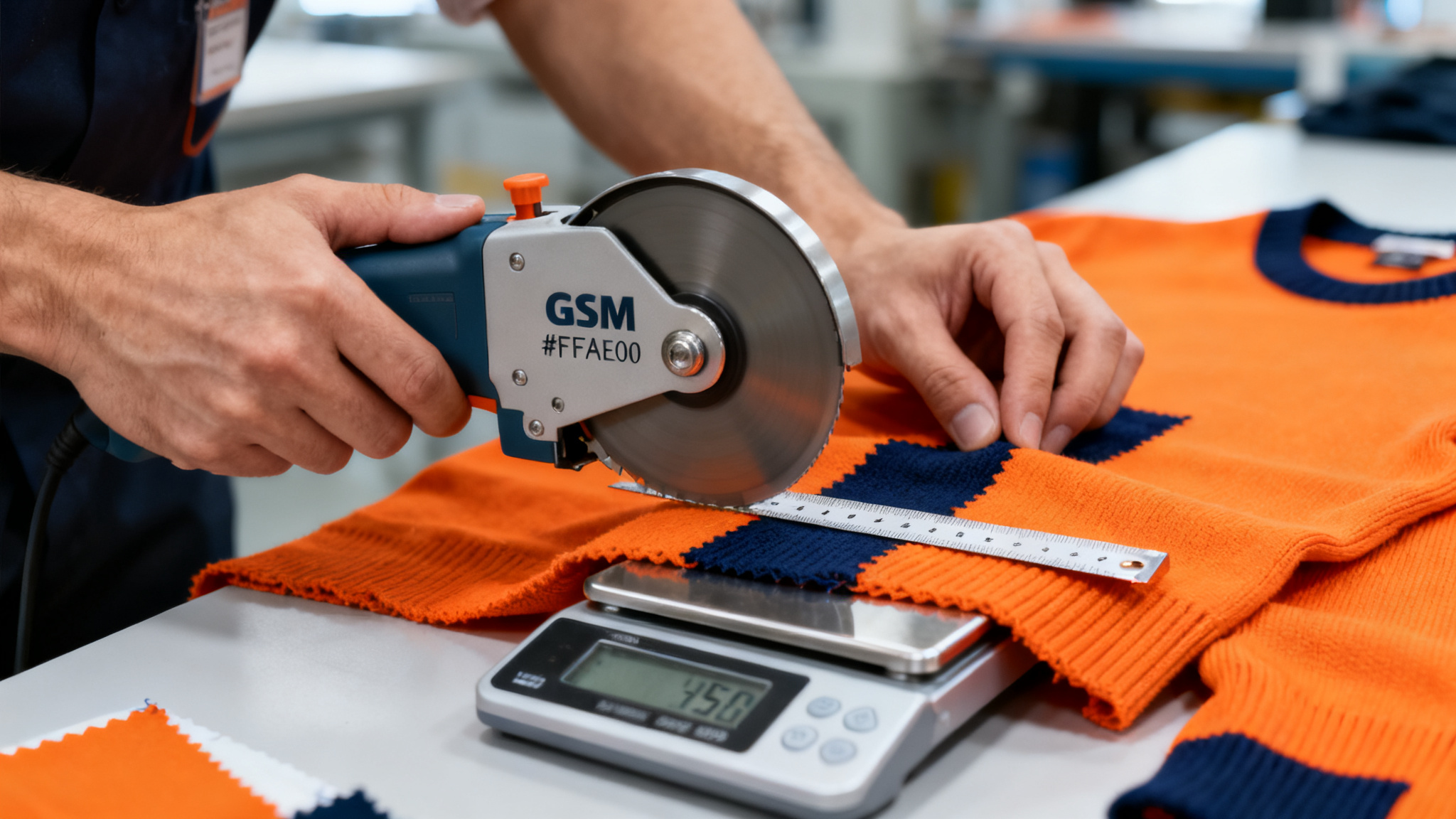 Technician measuring cotton knit fabric weight on a GSM cutter and digital scale