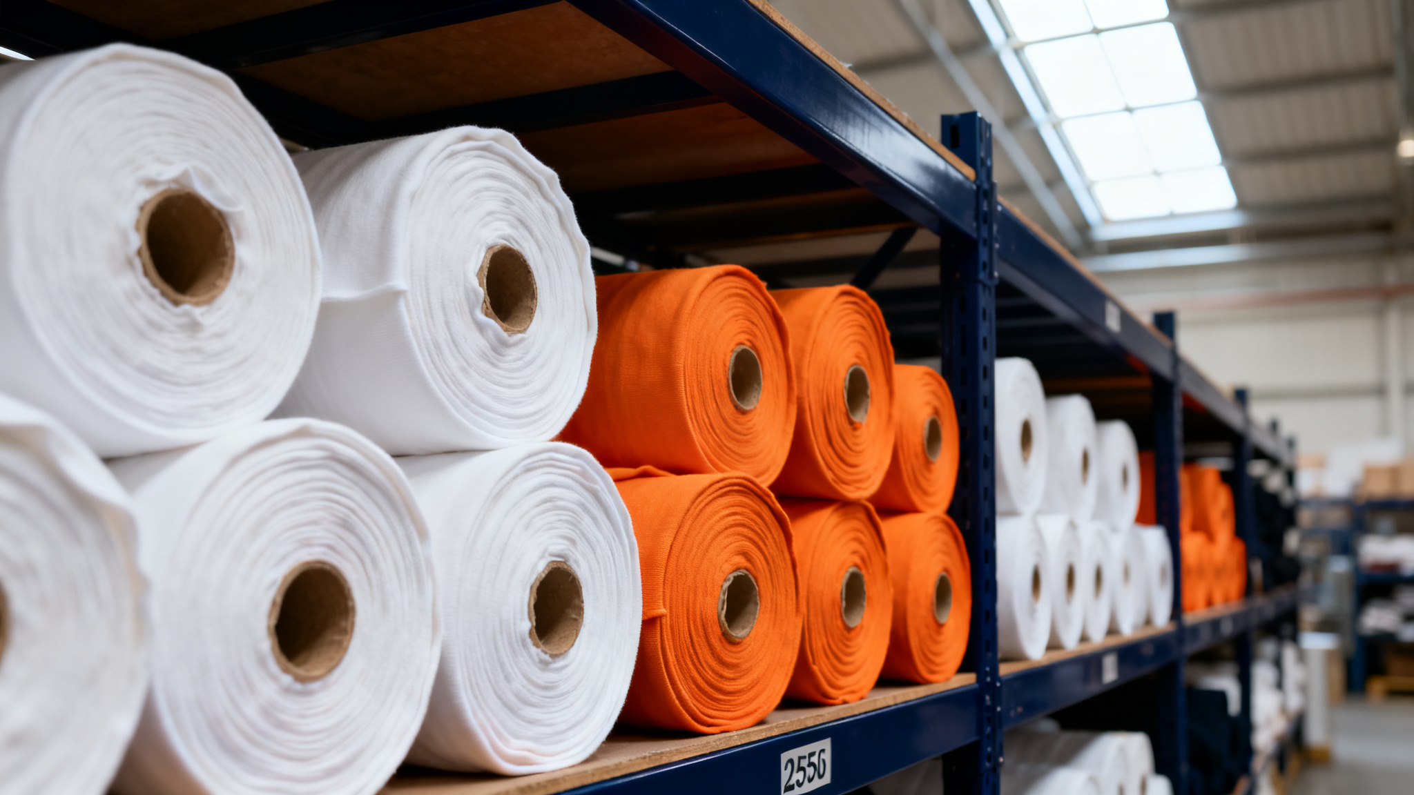 Rolls of lightweight orange cotton jersey fabric stacked in a textile warehouse