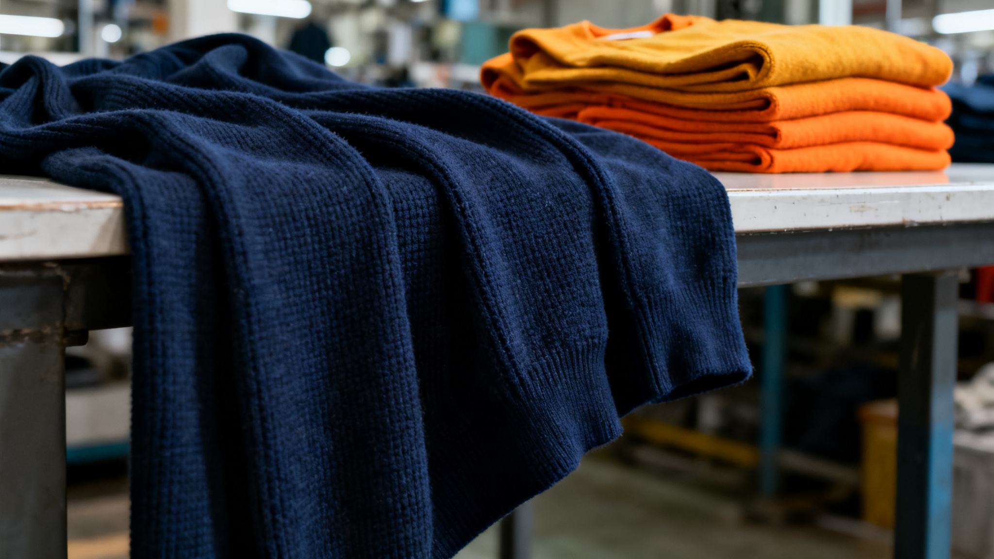 Close-up of heavy cotton knit fabric showing dense structured texture in navy and orange