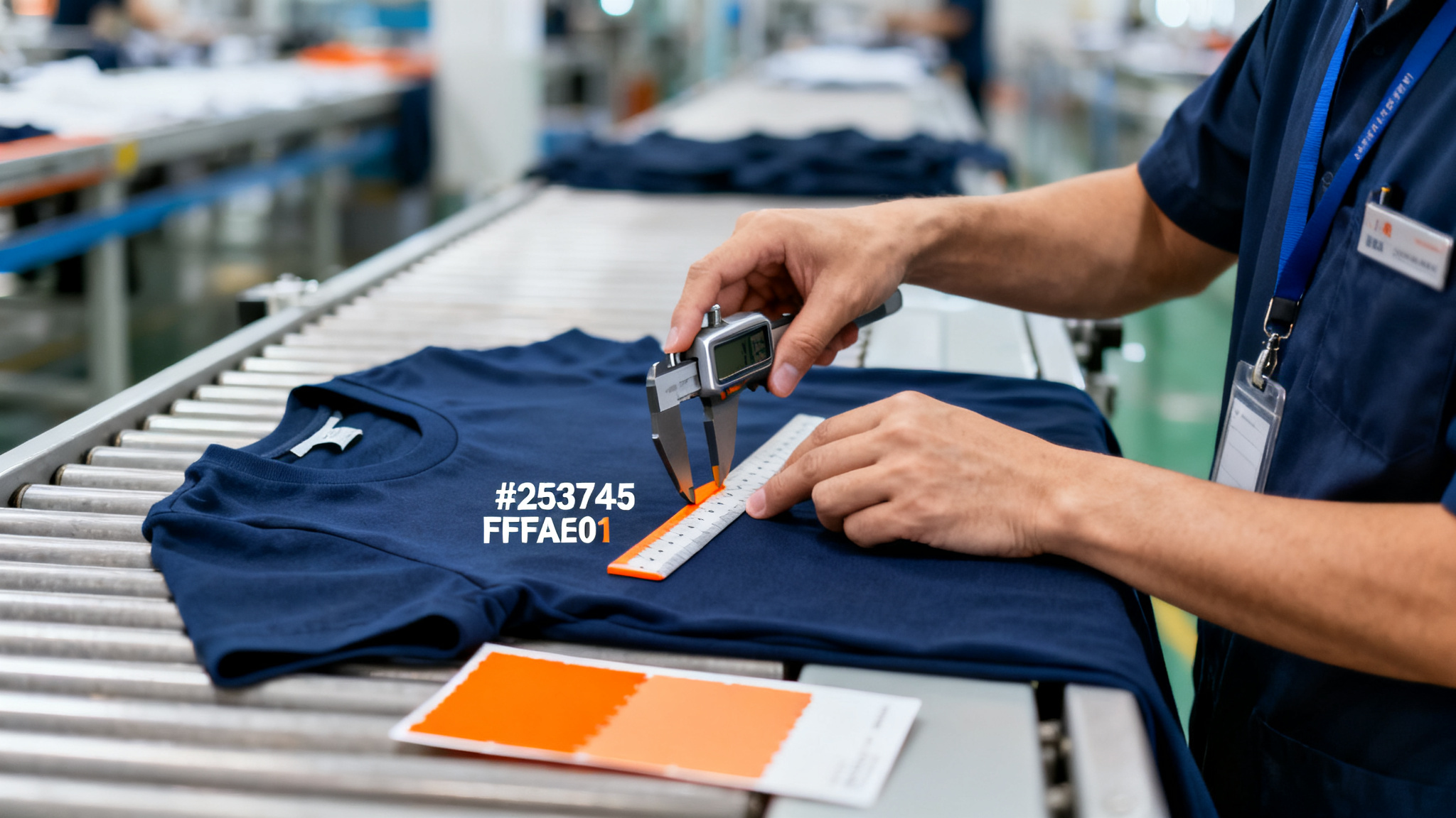 Quality inspector checking the thickness of navy t-shirt fabric with calipers in a factory