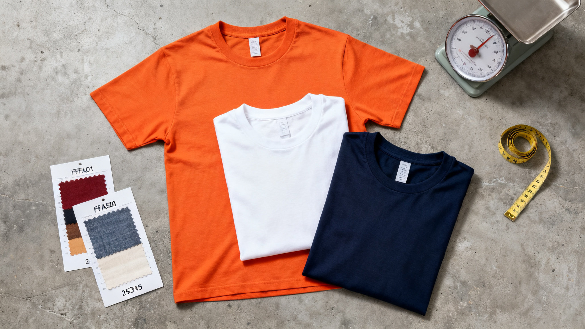 Flat lay of orange, white and navy t-shirt samples with fabric swatches and a measuring tape