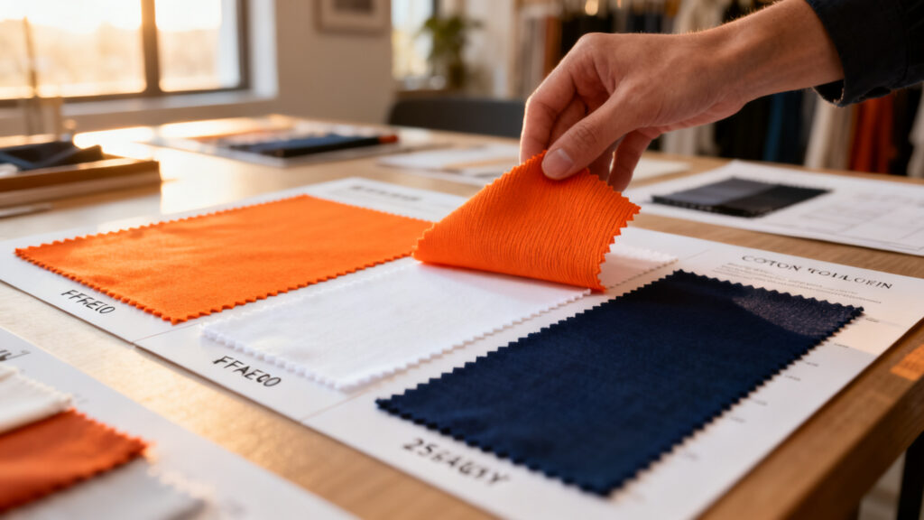 Textile showroom table with premium fabric swatch cards in orange white and navy being reviewed by a designer