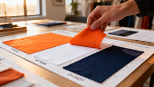 Textile showroom table with premium fabric swatch cards in orange white and navy being reviewed by a designer