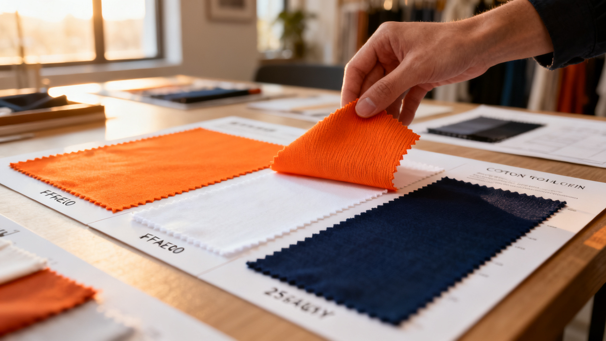 Textile showroom table with premium fabric swatch cards in orange white and navy being reviewed by a designer