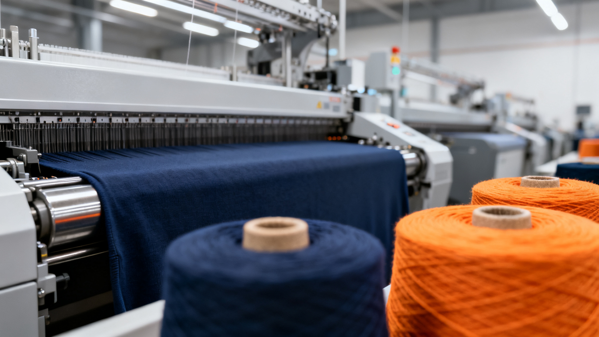 Fabric knitting machine in a textile mill producing cotton jersey with rolls of navy and orange yarn cones