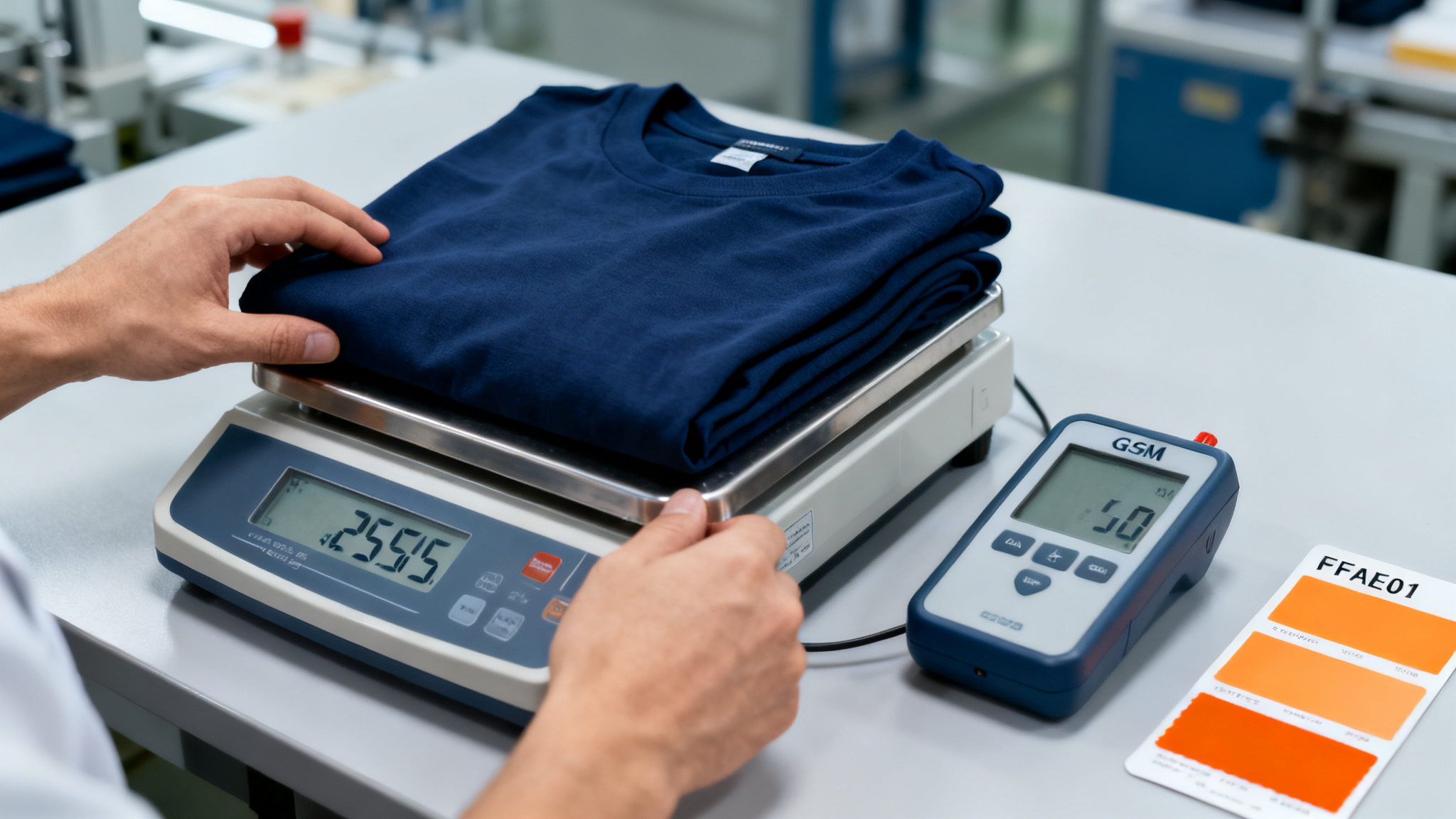 Weighing and measuring folded navy t-shirt fabric on a scale with GSM tools and orange swatch cards