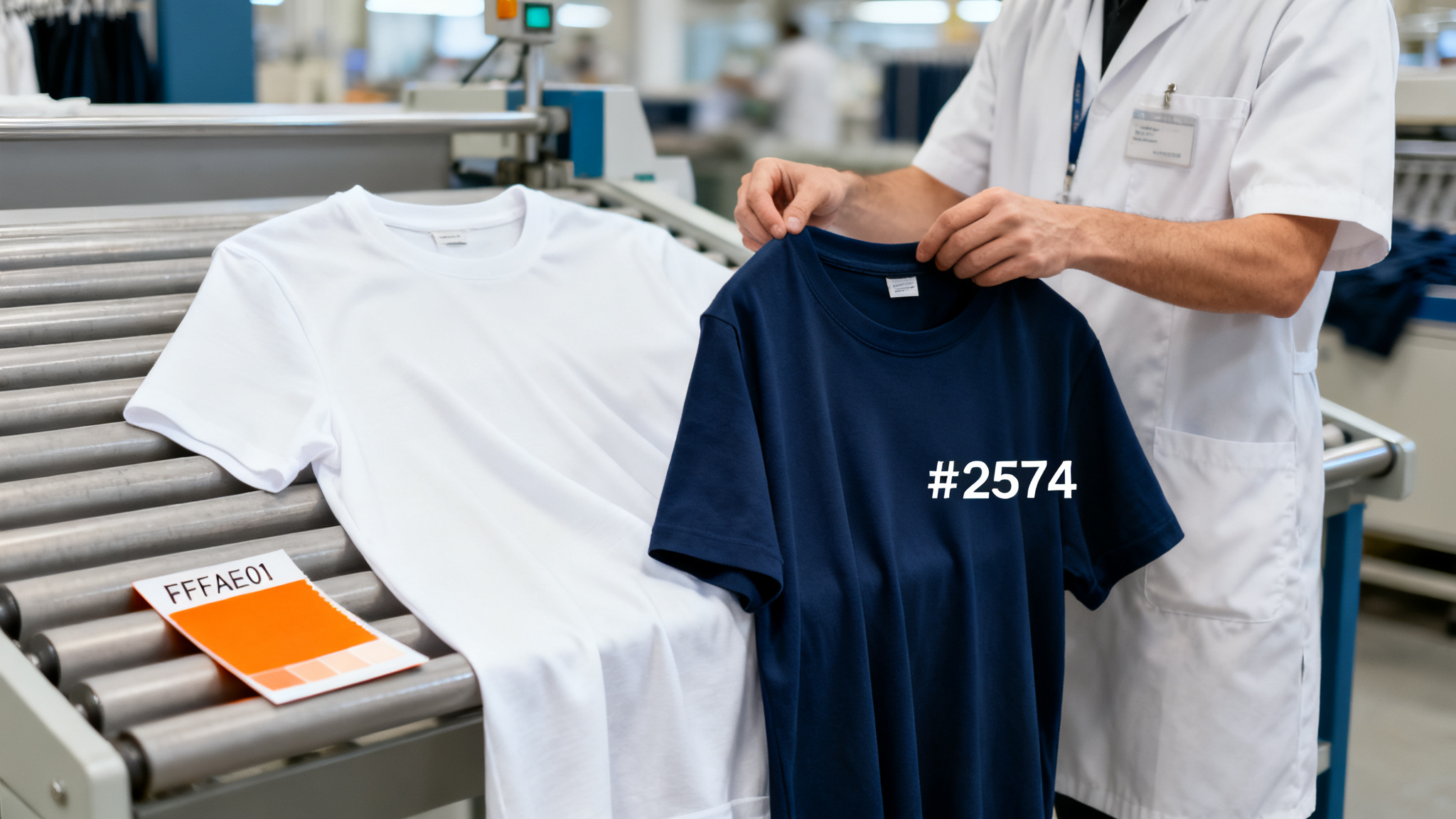 Quality technician inspecting the drape and hand-feel of premium cotton t-shirt fabric under bright light