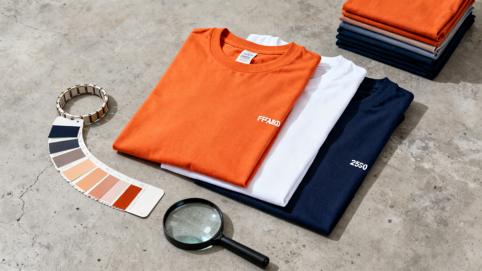Flat lay of premium t-shirt fabric samples in orange white and navy with a swatch ring and loupe on concrete