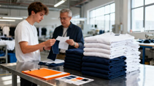 Founder reviewing a small batch of folded heavyweight streetwear t-shirts in white and navy with a factory representative