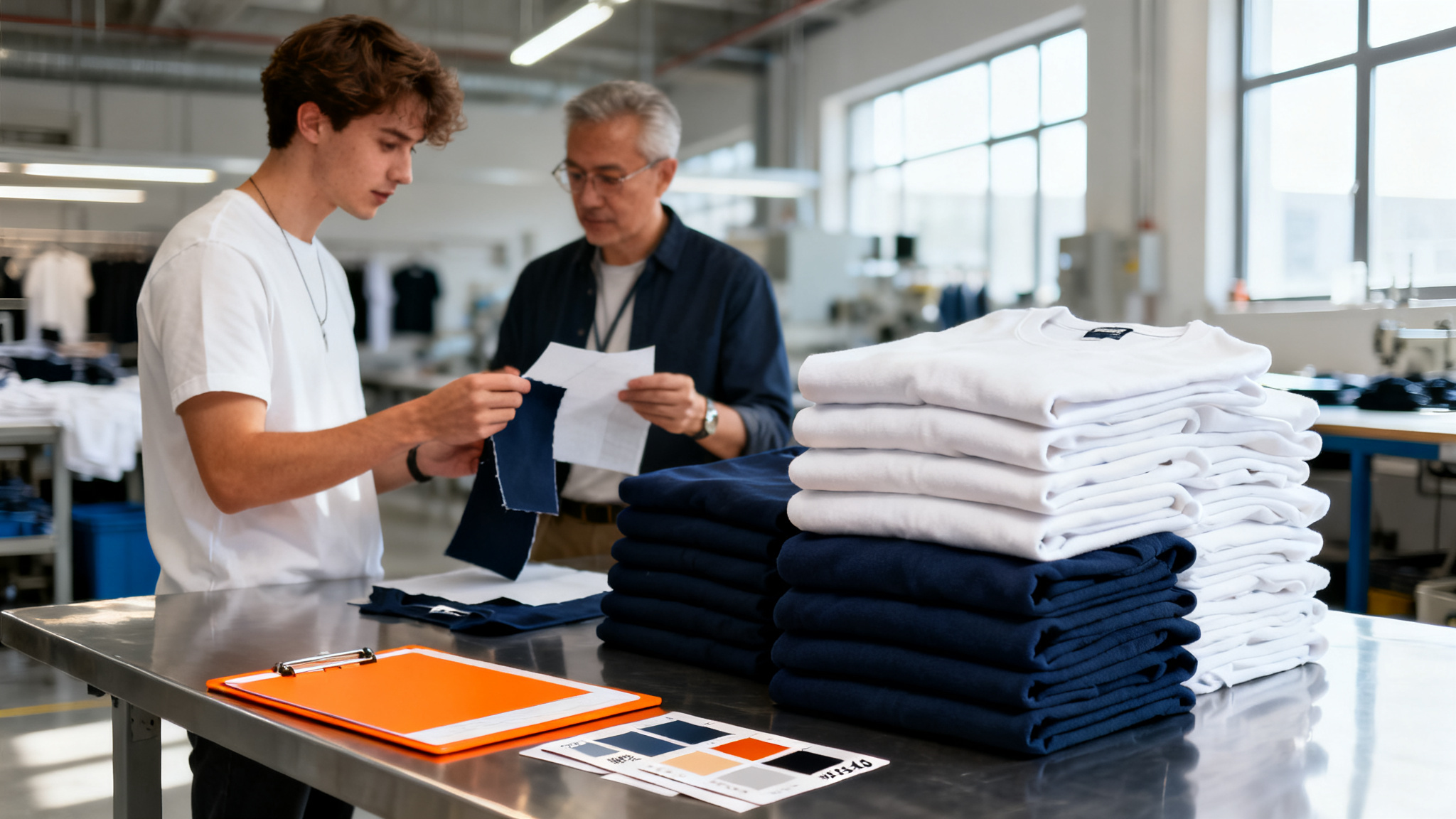 Founder reviewing a small batch of folded heavyweight streetwear t-shirts in white and navy with a factory representative