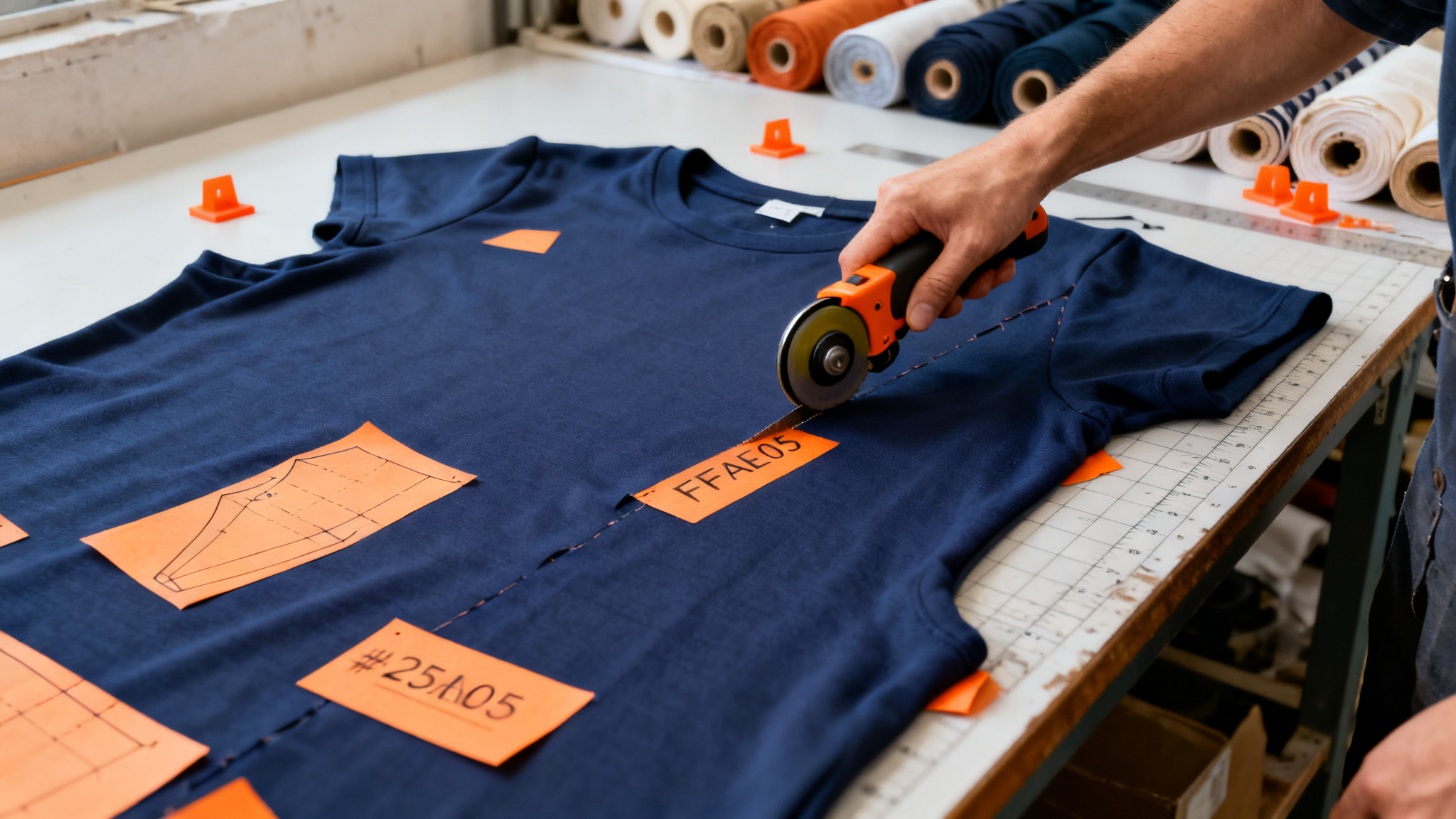 Pattern cutting table with a navy cotton jersey layer being cut and orange pattern paper markers in a boutique garment factory