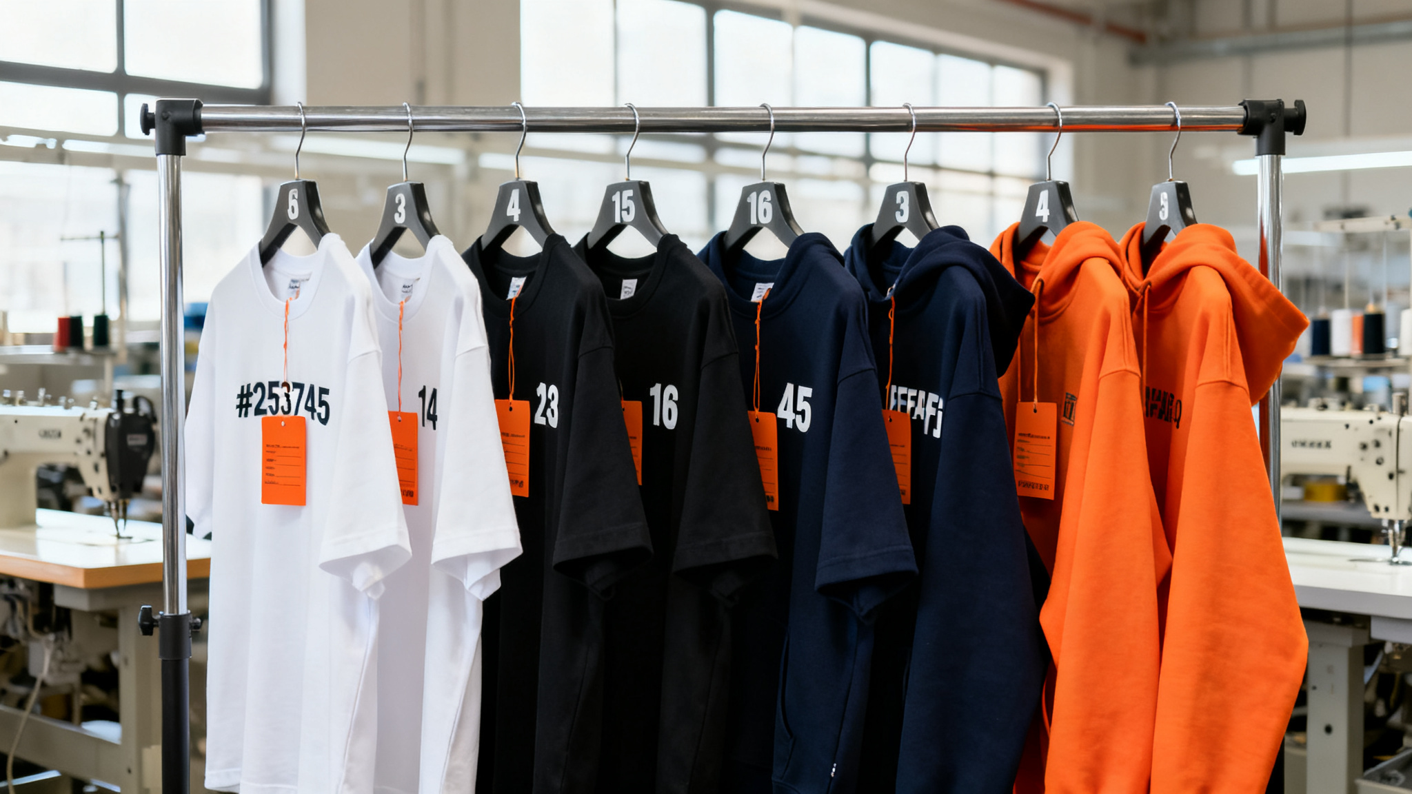 Sample development rack with numbered prototype t-shirts and hoodies in white black and navy with orange sample tags